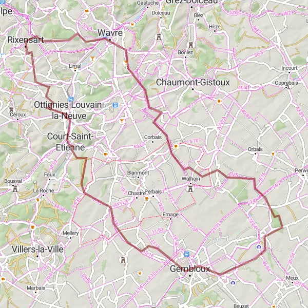 Miniatuurkaart van de fietsinspiratie "Rixensart - Wavre: Landelijke gravelroute" in Prov. Brabant Wallon, Belgium. Gemaakt door de Tarmacs.app fietsrouteplanner