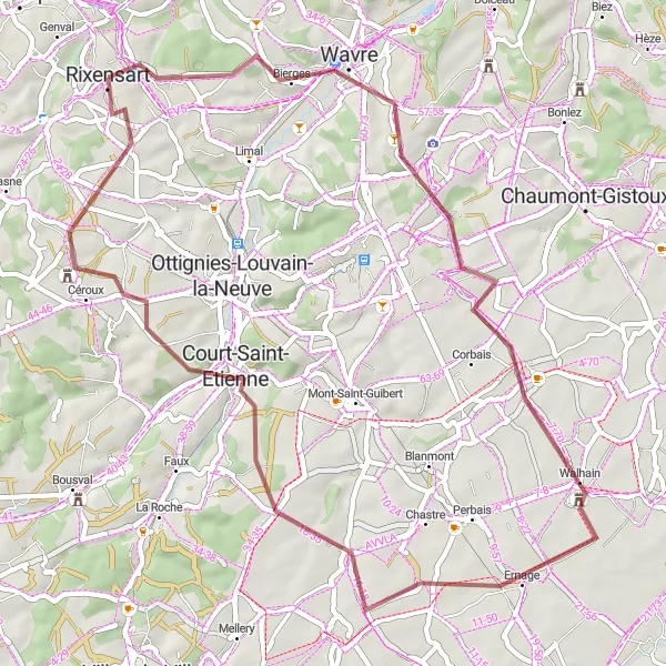 Miniature de la carte de l'inspiration cycliste "Promenade à travers les Chemins de Gravel" dans la Prov. Brabant Wallon, Belgium. Générée par le planificateur d'itinéraire cycliste Tarmacs.app