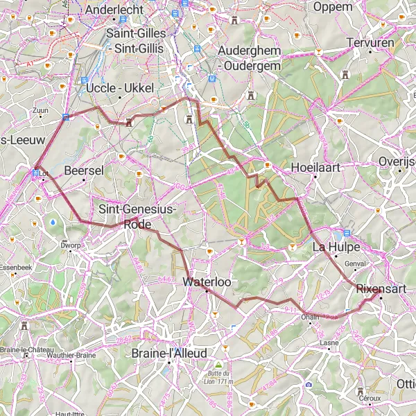 Map miniature of "Picturesque Gravel Loop near Rixensart" cycling inspiration in Prov. Brabant Wallon, Belgium. Generated by Tarmacs.app cycling route planner