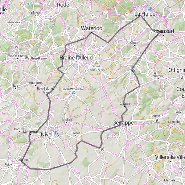 Map miniature of "Scenic Road Cycling Route from Lasne to Waterloo" cycling inspiration in Prov. Brabant Wallon, Belgium. Generated by Tarmacs.app cycling route planner