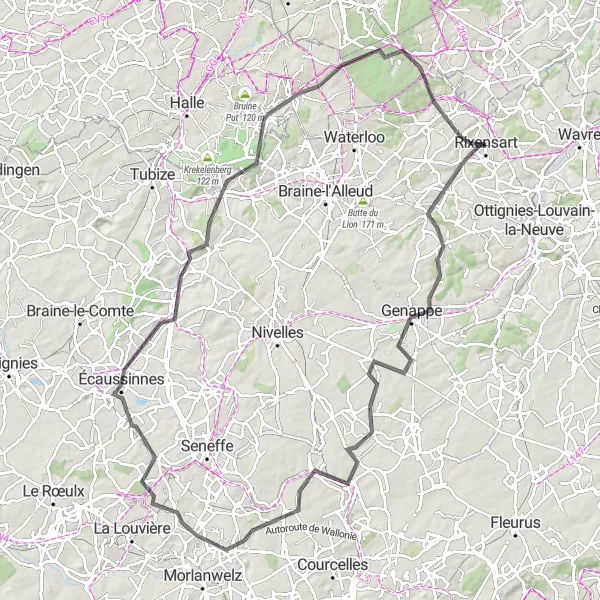 Miniatuurkaart van de fietsinspiratie "Golvende heuvels en charmante dorpjes" in Prov. Brabant Wallon, Belgium. Gemaakt door de Tarmacs.app fietsrouteplanner
