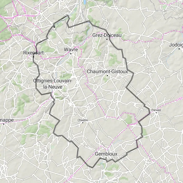 Map miniature of "Rixensart to Court-Saint-Etienne Loop" cycling inspiration in Prov. Brabant Wallon, Belgium. Generated by Tarmacs.app cycling route planner