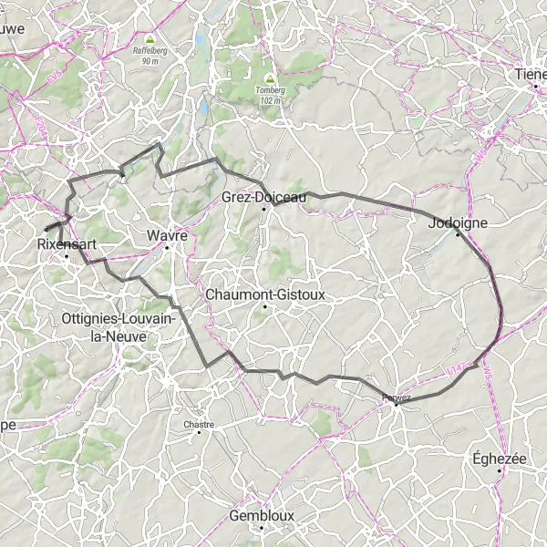 Map miniature of "Hidden Gems of Brabant Wallon" cycling inspiration in Prov. Brabant Wallon, Belgium. Generated by Tarmacs.app cycling route planner