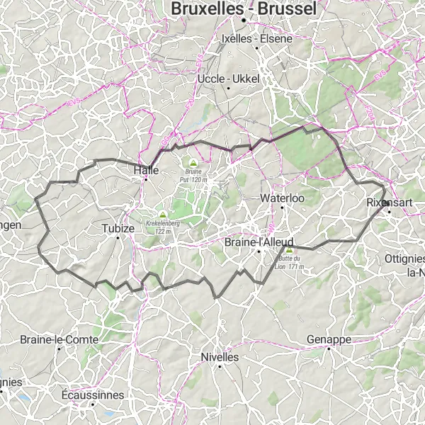 Miniature de la carte de l'inspiration cycliste "Parcours de la Bataille de Waterloo" dans la Prov. Brabant Wallon, Belgium. Générée par le planificateur d'itinéraire cycliste Tarmacs.app