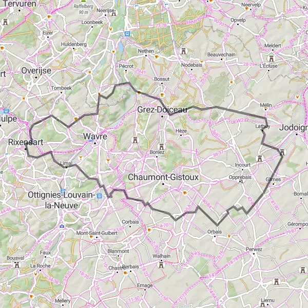 Map miniature of "Rosières to Limal Cycling Route" cycling inspiration in Prov. Brabant Wallon, Belgium. Generated by Tarmacs.app cycling route planner