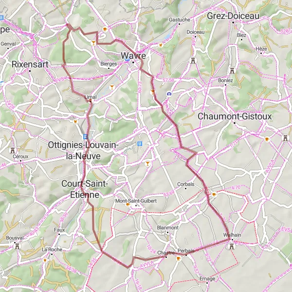 Map miniature of "The Wavre Loop" cycling inspiration in Prov. Brabant Wallon, Belgium. Generated by Tarmacs.app cycling route planner