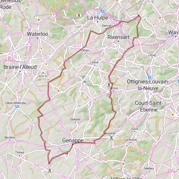 Miniature de la carte de l'inspiration cycliste "Le Tour des Chemins de Terre" dans la Prov. Brabant Wallon, Belgium. Générée par le planificateur d'itinéraire cycliste Tarmacs.app