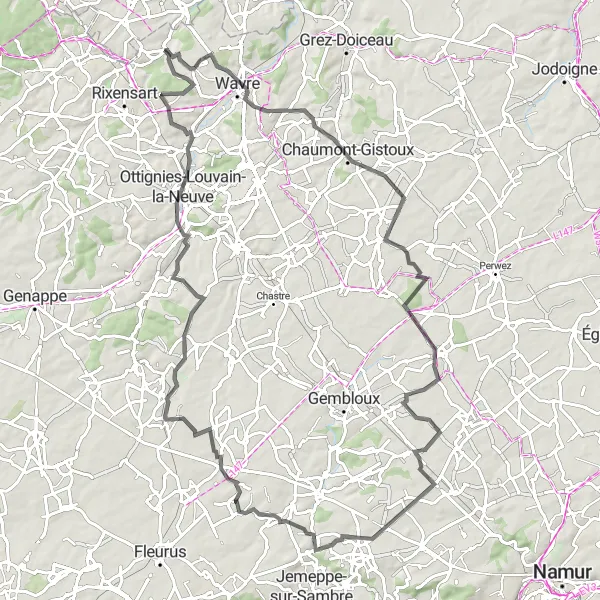 Miniatuurkaart van de fietsinspiratie "Tocht door Chaumont-Gistoux" in Prov. Brabant Wallon, Belgium. Gemaakt door de Tarmacs.app fietsrouteplanner