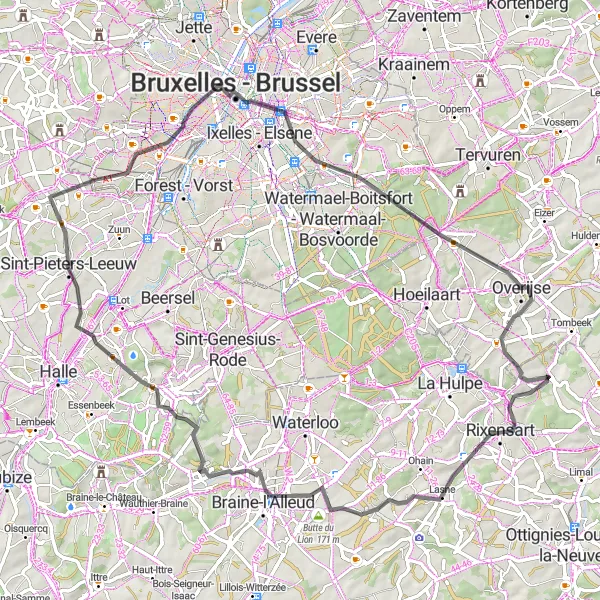 Karten-Miniaturansicht der Radinspiration "Hügelige Straßen in der Nähe von Rosières" in Prov. Brabant Wallon, Belgium. Erstellt vom Tarmacs.app-Routenplaner für Radtouren