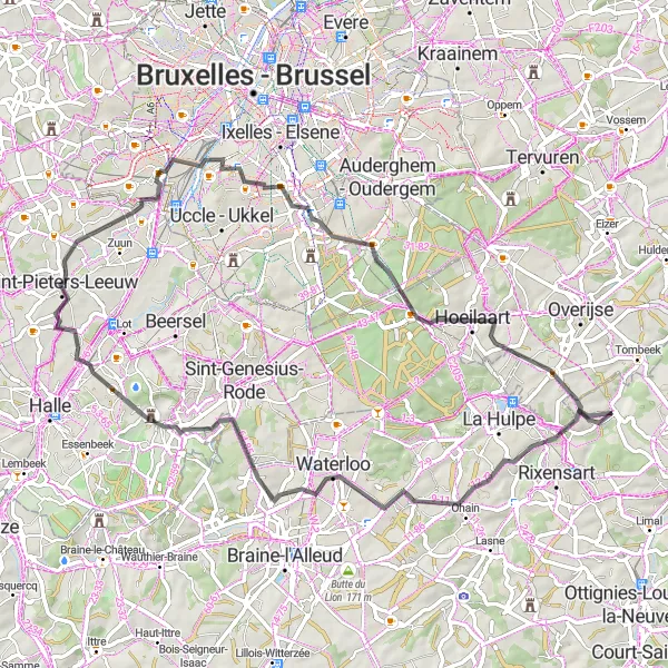 Map miniature of "Scenic Road Ride to Waterloo" cycling inspiration in Prov. Brabant Wallon, Belgium. Generated by Tarmacs.app cycling route planner