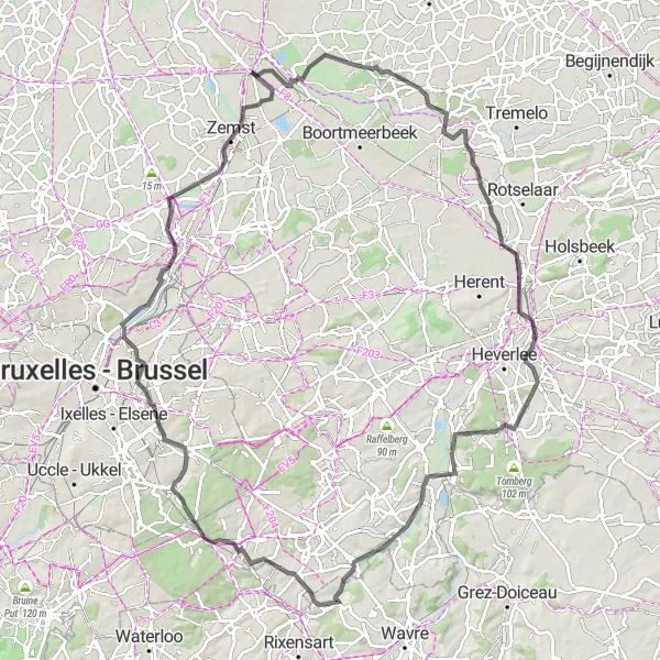 Map miniature of "Road Cycling Adventure in Brabant Walloon" cycling inspiration in Prov. Brabant Wallon, Belgium. Generated by Tarmacs.app cycling route planner