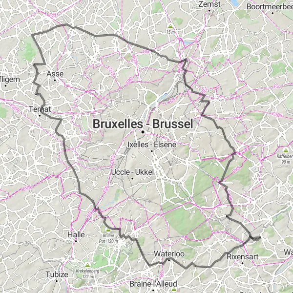 Map miniature of "Rosières Loop" cycling inspiration in Prov. Brabant Wallon, Belgium. Generated by Tarmacs.app cycling route planner