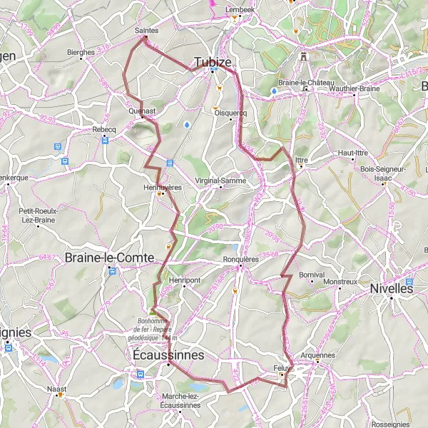 Map miniature of "Ittre Exploration" cycling inspiration in Prov. Brabant Wallon, Belgium. Generated by Tarmacs.app cycling route planner