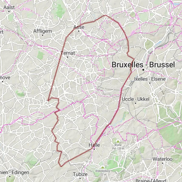 Miniature de la carte de l'inspiration cycliste "Les sentiers gravel de Halle" dans la Prov. Brabant Wallon, Belgium. Générée par le planificateur d'itinéraire cycliste Tarmacs.app