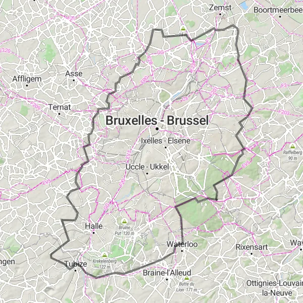 Miniature de la carte de l'inspiration cycliste "De Vlezenbeek à Waterloo" dans la Prov. Brabant Wallon, Belgium. Générée par le planificateur d'itinéraire cycliste Tarmacs.app