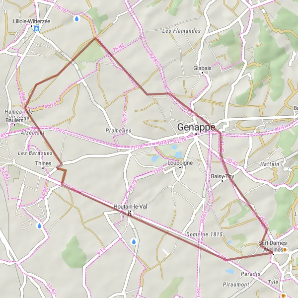 Miniature de la carte de l'inspiration cycliste "Les Collines de Sart-Dames-Avelines" dans la Prov. Brabant Wallon, Belgium. Générée par le planificateur d'itinéraire cycliste Tarmacs.app
