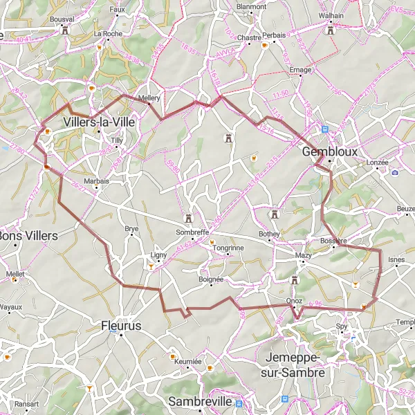 Map miniature of "Rural Gembloux and Beyond" cycling inspiration in Prov. Brabant Wallon, Belgium. Generated by Tarmacs.app cycling route planner