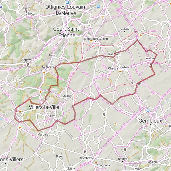 Map miniature of "Gravel Adventure to Marbais" cycling inspiration in Prov. Brabant Wallon, Belgium. Generated by Tarmacs.app cycling route planner
