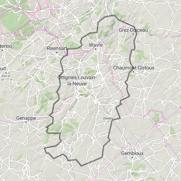 Map miniature of "Villers-la-Ville and Beyond" cycling inspiration in Prov. Brabant Wallon, Belgium. Generated by Tarmacs.app cycling route planner