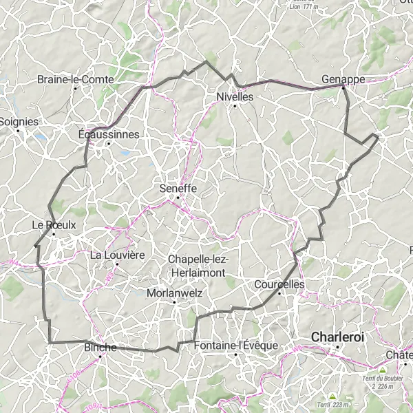 Miniature de la carte de l'inspiration cycliste "Binche Adventure: Viesville to Genappe" dans la Prov. Brabant Wallon, Belgium. Générée par le planificateur d'itinéraire cycliste Tarmacs.app