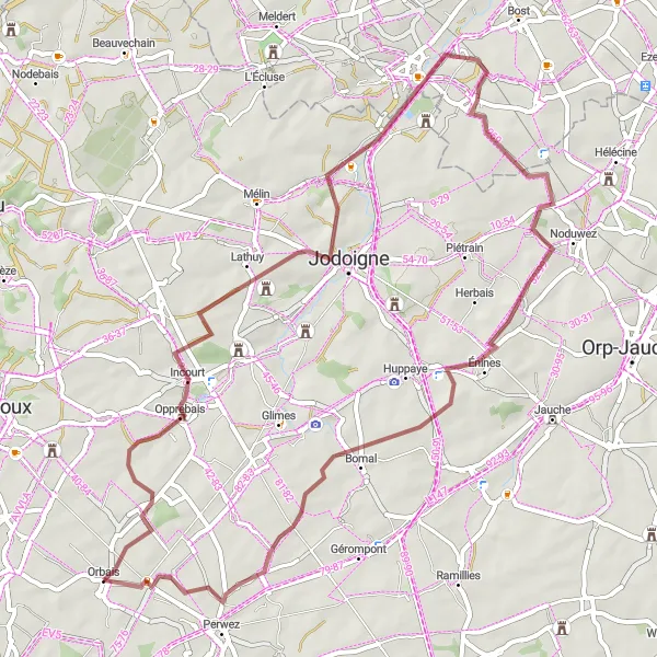 Miniatuurkaart van de fietsinspiratie "Gravelroute rond Thorembais-Saint-Trond" in Prov. Brabant Wallon, Belgium. Gemaakt door de Tarmacs.app fietsrouteplanner