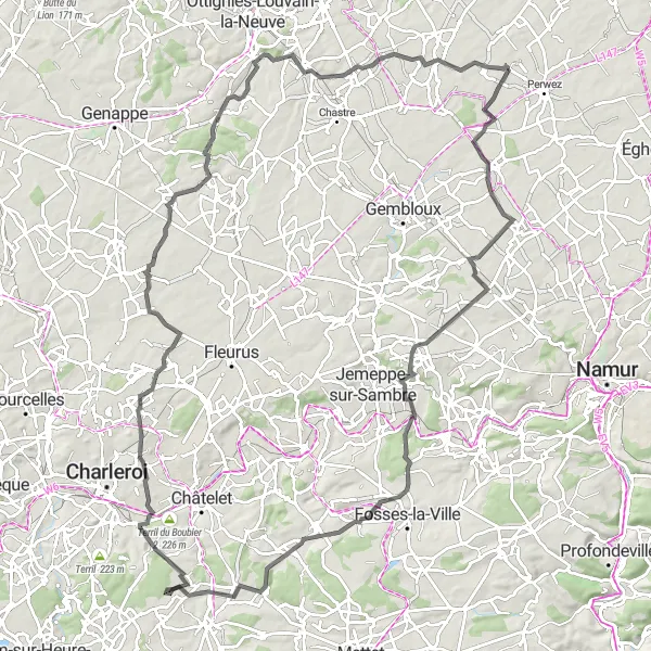 Map miniature of "Challenging Road Cycling: Southern Circuit" cycling inspiration in Prov. Brabant Wallon, Belgium. Generated by Tarmacs.app cycling route planner