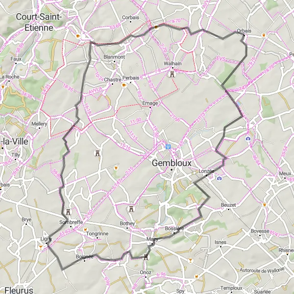 Map miniature of "Thorembais-Saint-Trond Road Route" cycling inspiration in Prov. Brabant Wallon, Belgium. Generated by Tarmacs.app cycling route planner