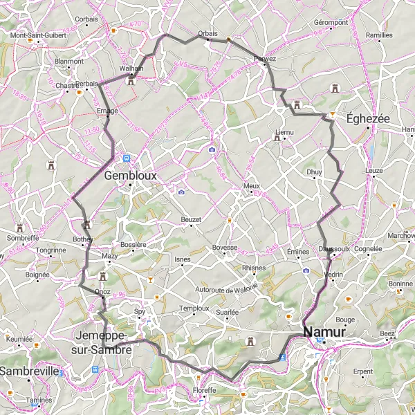 Miniatuurkaart van de fietsinspiratie "Rondje Warisoulx en Orbais" in Prov. Brabant Wallon, Belgium. Gemaakt door de Tarmacs.app fietsrouteplanner