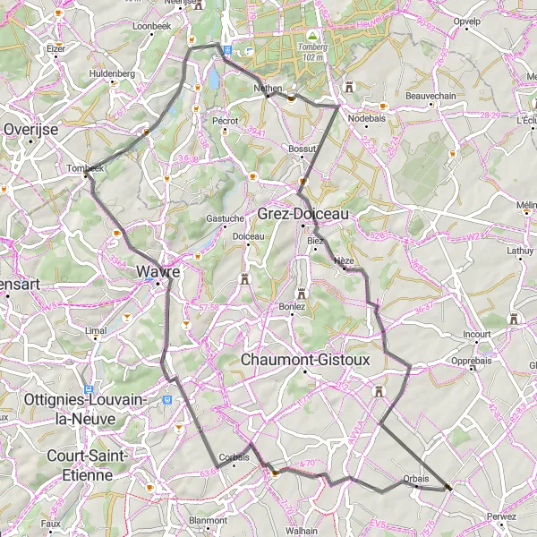 Miniatuurkaart van de fietsinspiratie "Wegroute Orbais-Thorembais" in Prov. Brabant Wallon, Belgium. Gemaakt door de Tarmacs.app fietsrouteplanner