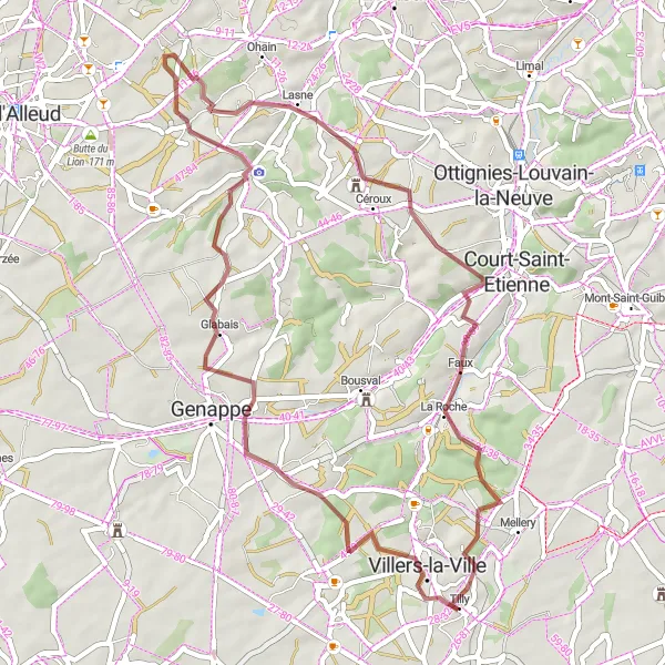 Map miniature of "Picturesque Gravel Pathways around Tilly" cycling inspiration in Prov. Brabant Wallon, Belgium. Generated by Tarmacs.app cycling route planner