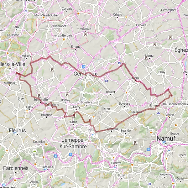 Map miniature of "Gembloux and Sombreffe Gravel Trail" cycling inspiration in Prov. Brabant Wallon, Belgium. Generated by Tarmacs.app cycling route planner