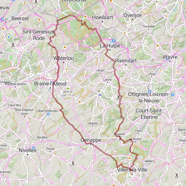 Map miniature of "Challenging Gravel Adventure in Brabant Wallon" cycling inspiration in Prov. Brabant Wallon, Belgium. Generated by Tarmacs.app cycling route planner