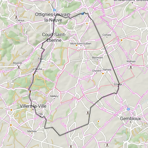 Map miniature of "Villers-la-Ville and Louvain-la-Neuve Loop" cycling inspiration in Prov. Brabant Wallon, Belgium. Generated by Tarmacs.app cycling route planner