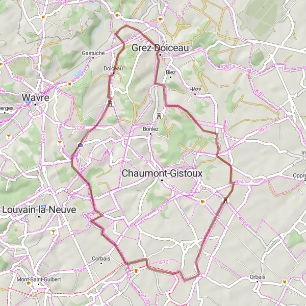 Miniatuurkaart van de fietsinspiratie "Tourinnes-Saint-Lambert naar Chapelle du Dieu Aimant Grind Fietsroute" in Prov. Brabant Wallon, Belgium. Gemaakt door de Tarmacs.app fietsrouteplanner