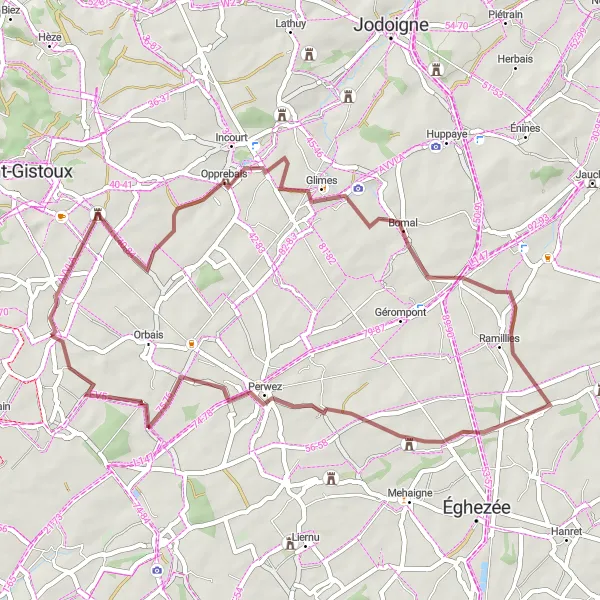 Miniature de la carte de l'inspiration cycliste "Tourinnes-Saint-Lambert - Perwez" dans la Prov. Brabant Wallon, Belgium. Générée par le planificateur d'itinéraire cycliste Tarmacs.app
