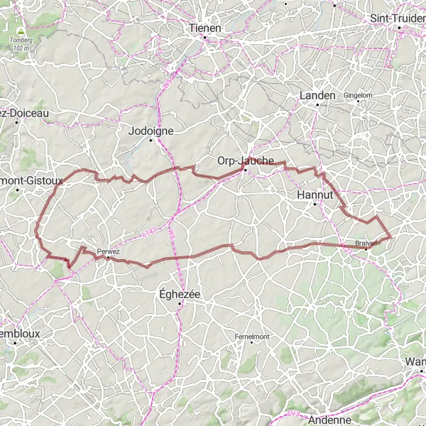 Map miniature of "Gravel Adventure in Brabant Wallon" cycling inspiration in Prov. Brabant Wallon, Belgium. Generated by Tarmacs.app cycling route planner