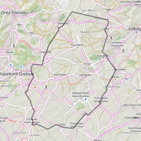 Map miniature of "Scenic Road Cycling Route" cycling inspiration in Prov. Brabant Wallon, Belgium. Generated by Tarmacs.app cycling route planner