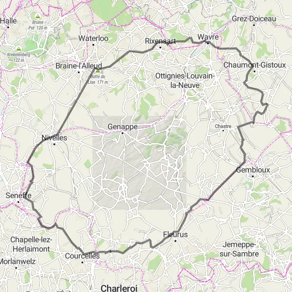 Miniatuurkaart van de fietsinspiratie "Tourinnes-Saint-Lambert naar Bierges Road Cycling Route" in Prov. Brabant Wallon, Belgium. Gemaakt door de Tarmacs.app fietsrouteplanner