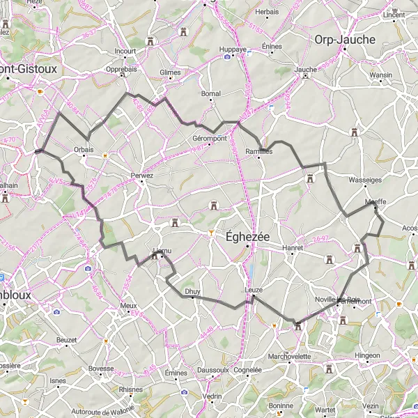 Map miniature of "Challenging Road Ride with Stunning Views" cycling inspiration in Prov. Brabant Wallon, Belgium. Generated by Tarmacs.app cycling route planner