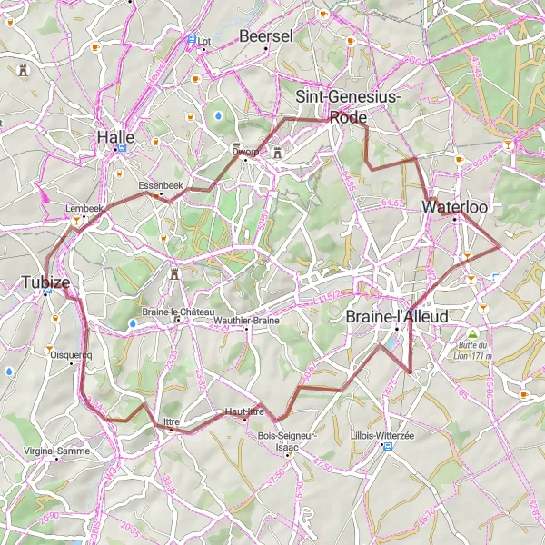Map miniature of "Grapes and Battlefields" cycling inspiration in Prov. Brabant Wallon, Belgium. Generated by Tarmacs.app cycling route planner