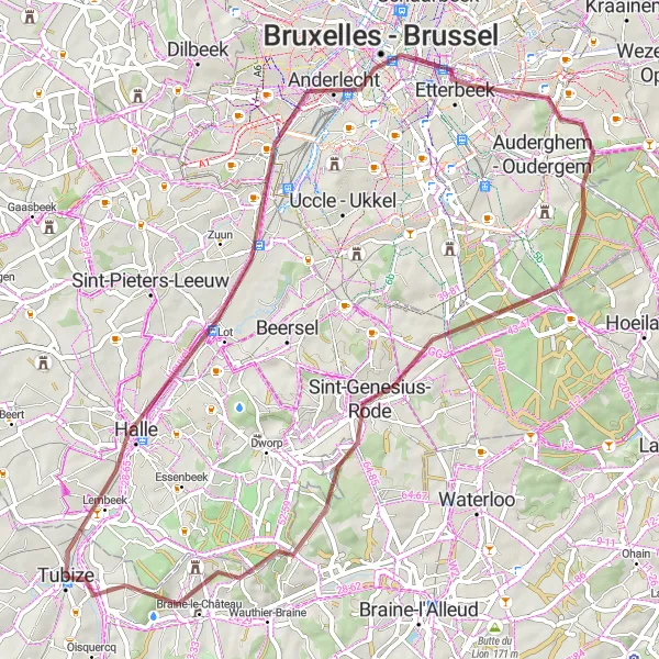 Miniature de la carte de l'inspiration cycliste "Les Chemins Gravel de Halle" dans la Prov. Brabant Wallon, Belgium. Générée par le planificateur d'itinéraire cycliste Tarmacs.app