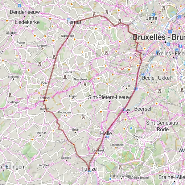 Miniatuurkaart van de fietsinspiratie "Gravelroute van Gooik naar Ruisbroek" in Prov. Brabant Wallon, Belgium. Gemaakt door de Tarmacs.app fietsrouteplanner