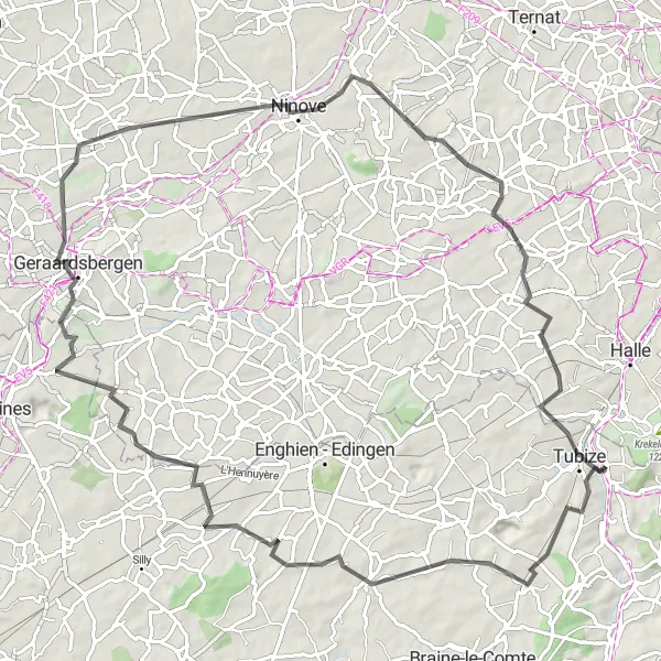 Map miniature of "The Road Challenge" cycling inspiration in Prov. Brabant Wallon, Belgium. Generated by Tarmacs.app cycling route planner