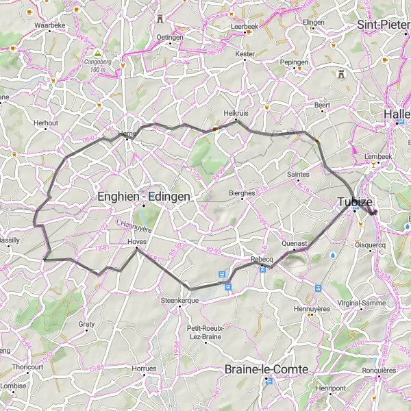 Miniature de la carte de l'inspiration cycliste "Route des Collines Brabançonnes" dans la Prov. Brabant Wallon, Belgium. Générée par le planificateur d'itinéraire cycliste Tarmacs.app