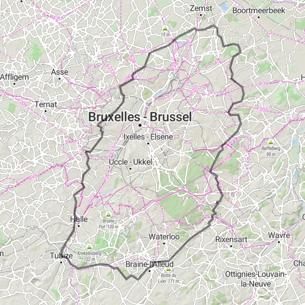 Karten-Miniaturansicht der Radinspiration "Rund um Tubize und Brabant Wallon" in Prov. Brabant Wallon, Belgium. Erstellt vom Tarmacs.app-Routenplaner für Radtouren