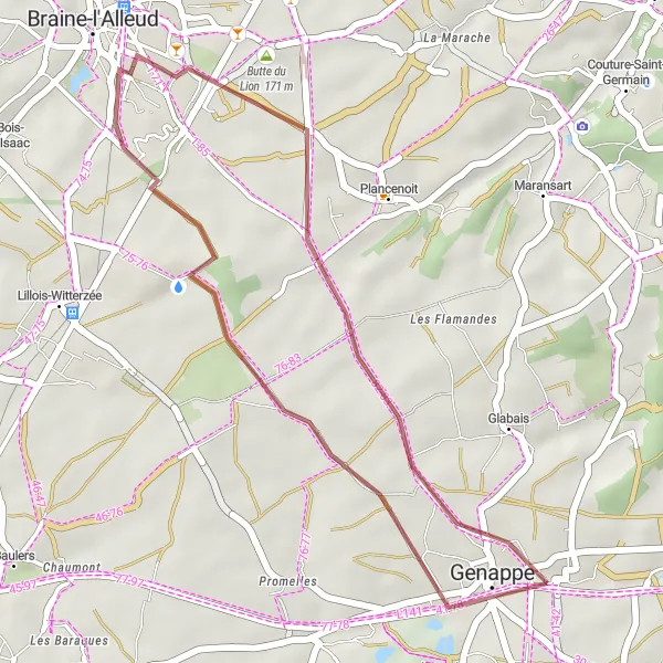 Map miniature of "Short Gravel Loop to Battle of Waterloo Site and Observatory" cycling inspiration in Prov. Brabant Wallon, Belgium. Generated by Tarmacs.app cycling route planner