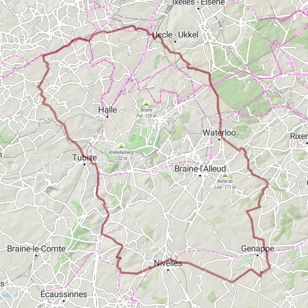 Map miniature of "Challenging Gravel Ride to Nivelles, Gaasbeek, Château de Pape, Waterloo, and Baisy-Thy" cycling inspiration in Prov. Brabant Wallon, Belgium. Generated by Tarmacs.app cycling route planner