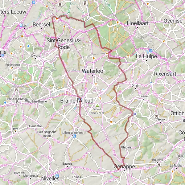 Map miniature of "Discovering Brabant Wallon" cycling inspiration in Prov. Brabant Wallon, Belgium. Generated by Tarmacs.app cycling route planner