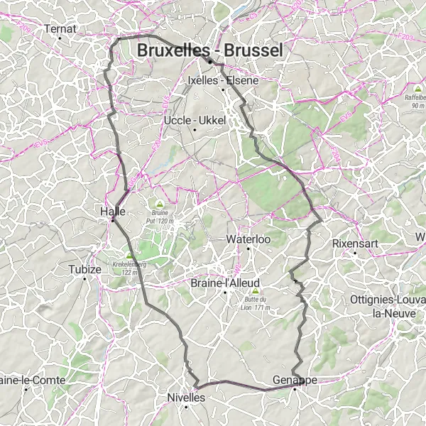 Map miniature of "The Hills of Brabant" cycling inspiration in Prov. Brabant Wallon, Belgium. Generated by Tarmacs.app cycling route planner