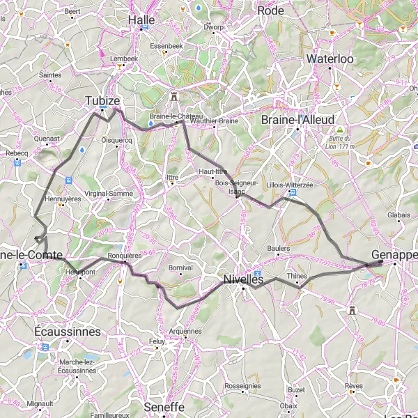 Map miniature of "Explore Historic Nivelles" cycling inspiration in Prov. Brabant Wallon, Belgium. Generated by Tarmacs.app cycling route planner